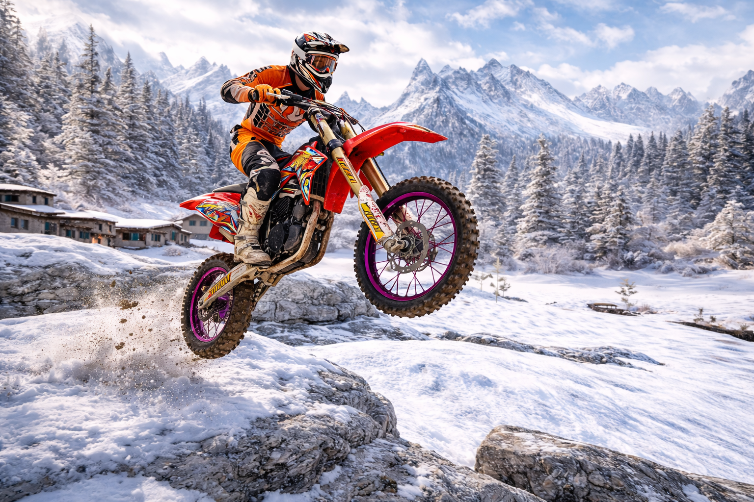 Motocross mobile game rider racing through snowy mountains